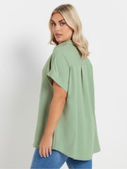 Yours Curve Green Collared Pleated Front Short Sleeve Blouse - Image 4 of 5