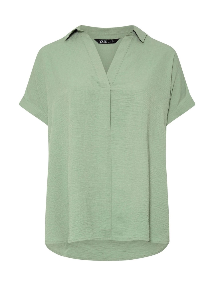 Yours Curve Green Collared Pleated Front Short Sleeve Blouse - Image 5 of 5