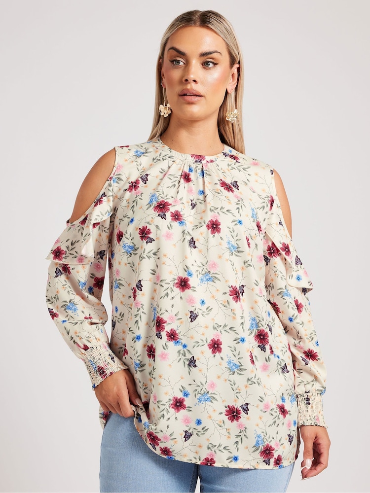 Yours Curve White London Floral Cold Shoulder Blouse - Image 1 of 5