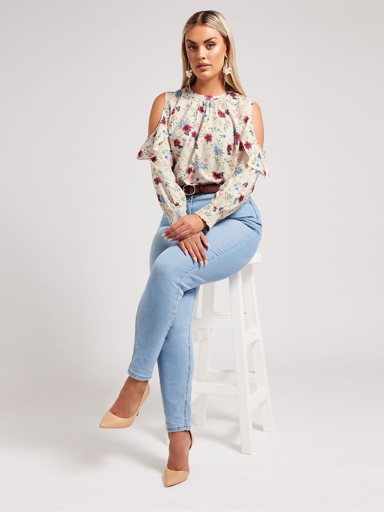 Yours Curve White London Floral Cold Shoulder Blouse - Image 2 of 5