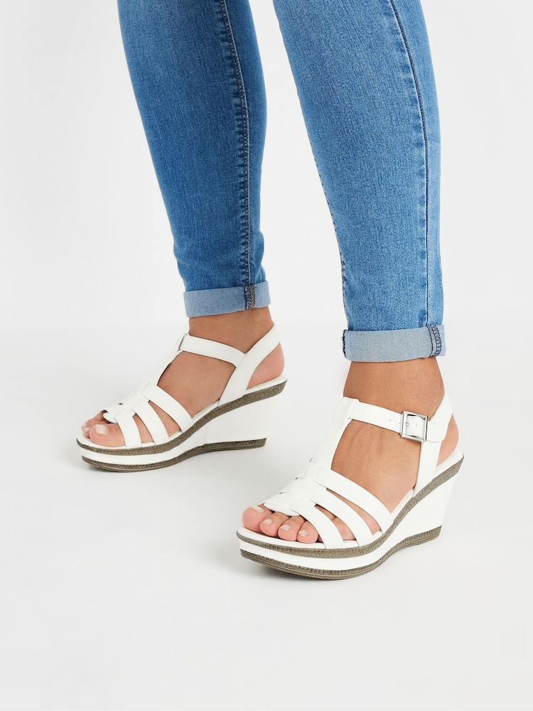 Yours Curve White Wide Fit Extra Wide Fit T-Bar Heeled Sandals - Image 1 of 5