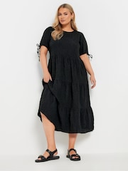 Yours Curve Black Textured Ditsy Tiered Smock Dress - Image 1 of 5