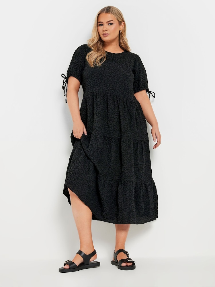 Yours Curve Black Textured Ditsy Tiered Smock Dress - Image 1 of 5