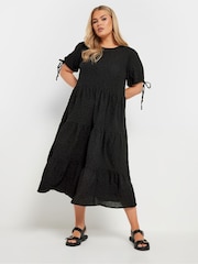 Yours Curve Black Textured Ditsy Tiered Smock Dress - Image 2 of 5