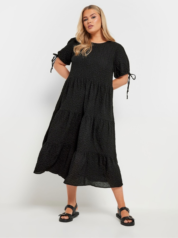 Yours Curve Black Textured Ditsy Tiered Smock Dress - Image 2 of 5