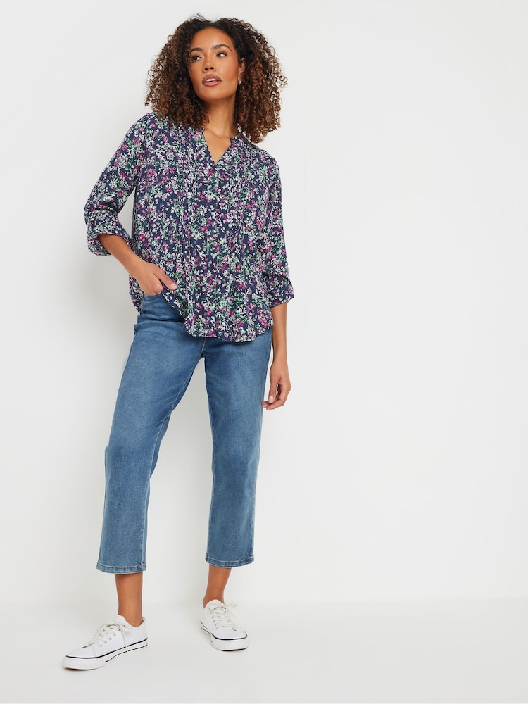 M&Co Blue Pintuck Long Sleeve Printed Top - Image 2 of 5