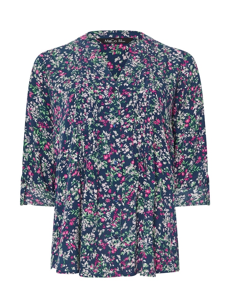 M&Co Blue Pintuck Long Sleeve Printed Top - Image 5 of 5
