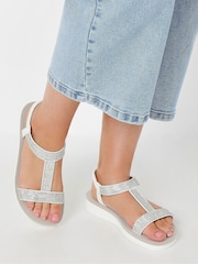 Yours Curve White Wide Fit Extra-Wide Fit Diamante T Bar Sandal - Image 1 of 5