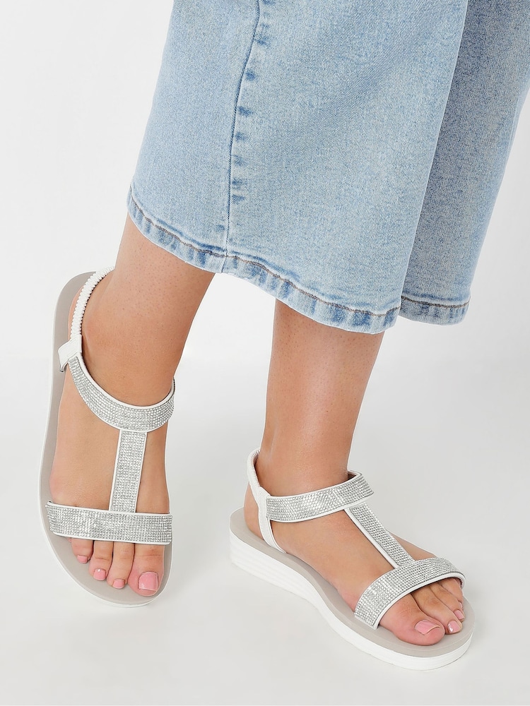 Yours Curve White Wide Fit Extra-Wide Fit Diamante T Bar Sandal - Image 1 of 5