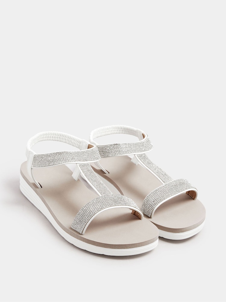 Yours Curve White Wide Fit Extra-Wide Fit Diamante T Bar Sandal - Image 3 of 5