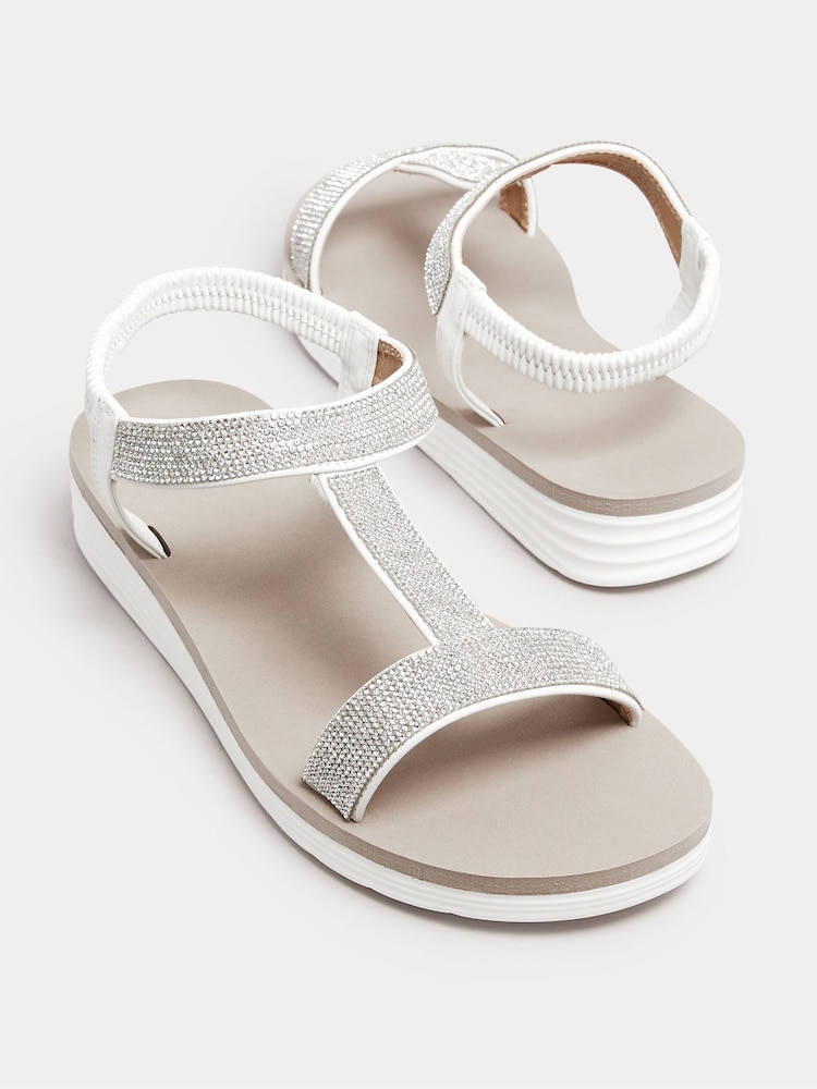 Yours Curve White Wide Fit Extra-Wide Fit Diamante T Bar Sandal - Image 5 of 5