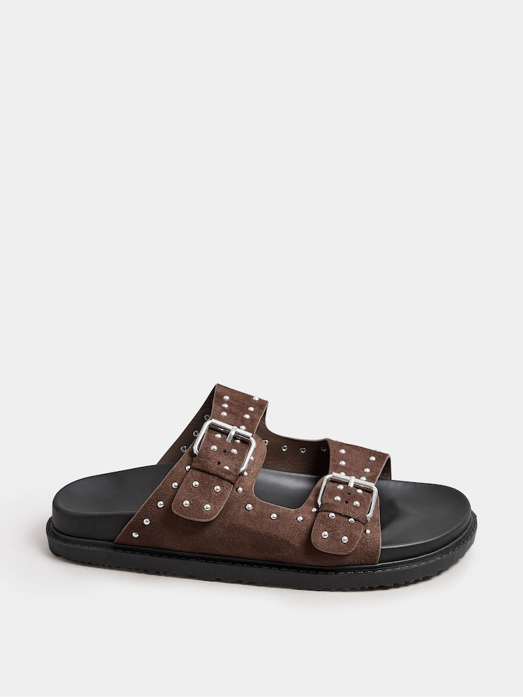 Yours Curve Brown Extra Wide Fit Extra-Wide Fit Studded Buckle Sliders - Image 1 of 4