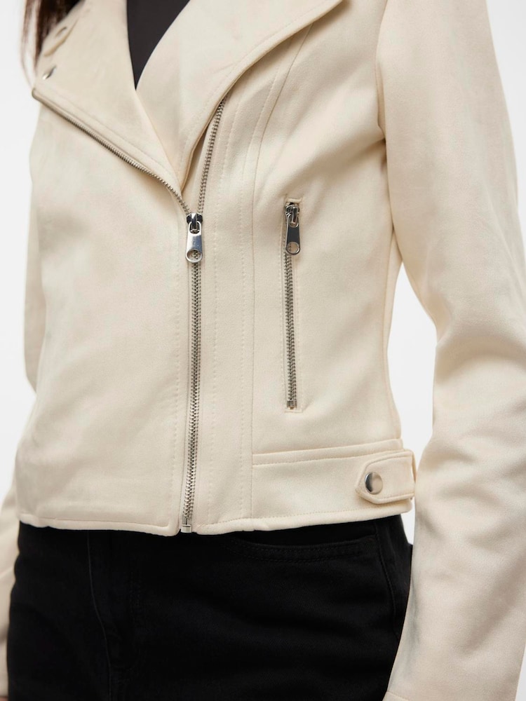 VERO MODA Cream Faux Suede Biker Jacket - Image 4 of 4