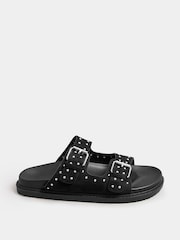 Yours Curve Black Extra Wide Fit Extra-Wide Fit Studded Buckle Sliders - Image 1 of 4