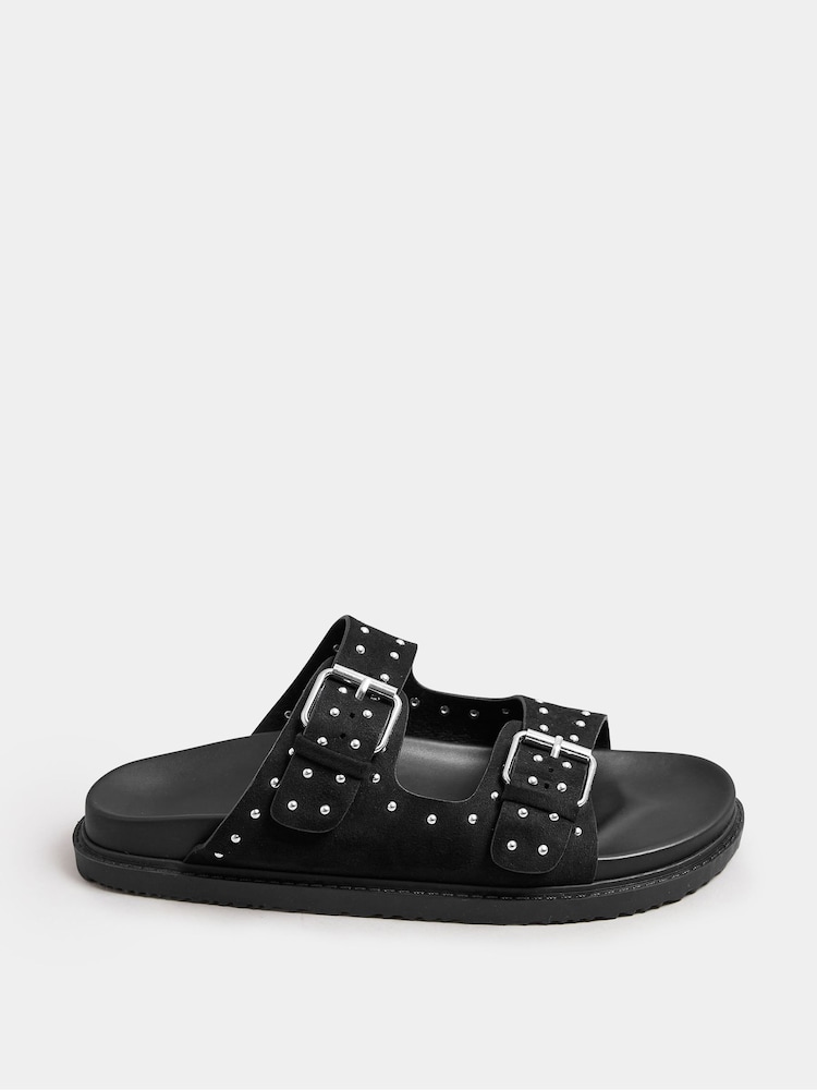 Yours Curve Black Extra Wide Fit Extra-Wide Fit Studded Buckle Sliders - Image 1 of 4