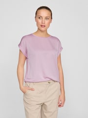 VILA Purple Short Sleeve Satin and Jersey Top - Image 1 of 5
