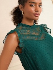 Love & Roses Teal Green Petite Crew Neck Mesh Insert Bobby Sleeveless Blouse - Image 2 of 4