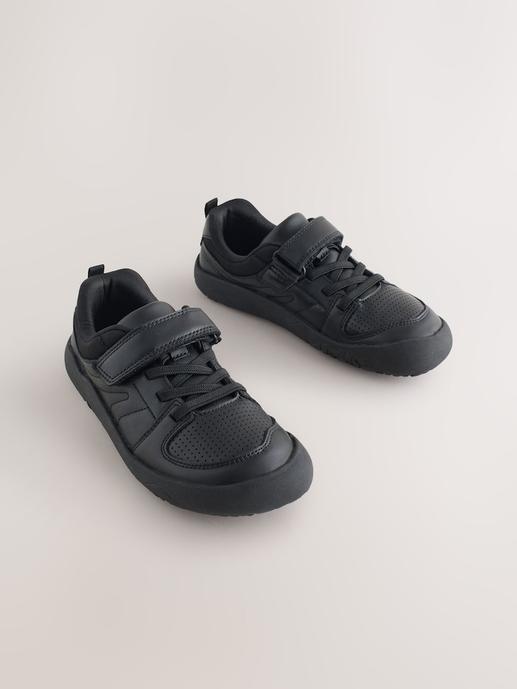 Black Barefoot Leather 1 Strap Elastic Lace School Shoes - Image 1 of 5