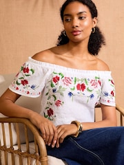 Love & Roses Ivory White Printed Bardot Top - Image 1 of 4