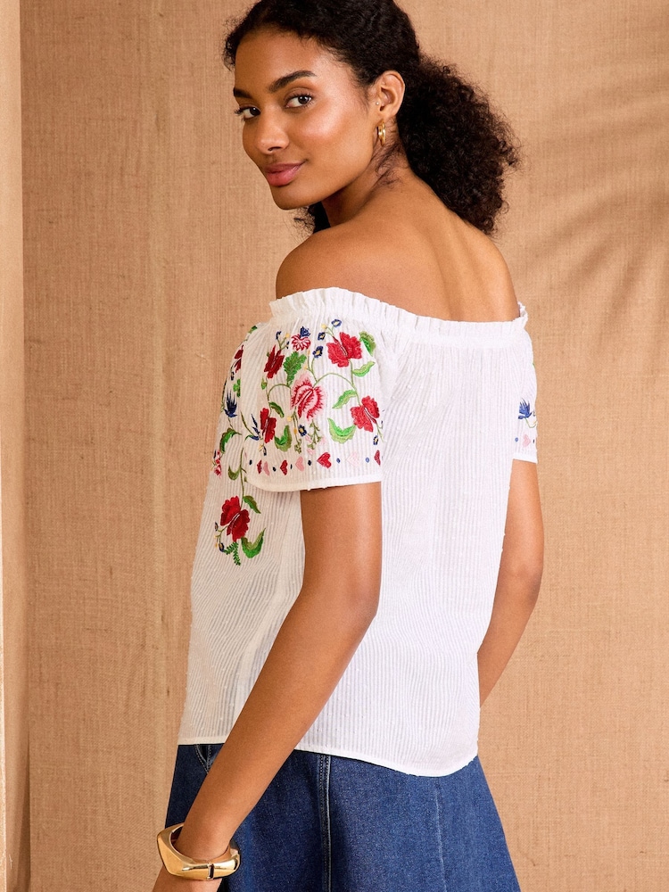 Love & Roses Ivory White Printed Bardot Top - Image 4 of 4