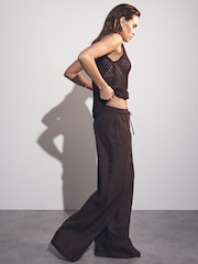 Reiss Chocolate Brown Willow Linen-Blend Wide-Leg Trousers - Image 7 of 8