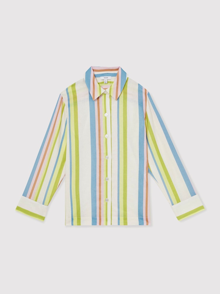 Reiss Green/Blue Evie Linen-Blend Stripe Long-Sleeve Shirt - Image 2 of 6