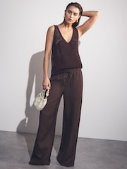 Reiss Chocolate Brown Willow Petite Linen-Blend Wide-Leg Trousers - Image 3 of 9