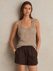 Reiss Chocolate Brown Willow Linen-Blend Drawstring Shorts - Image 1 of 5