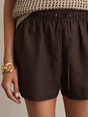 Reiss Chocolate Brown Willow Linen-Blend Drawstring Shorts - Image 3 of 5
