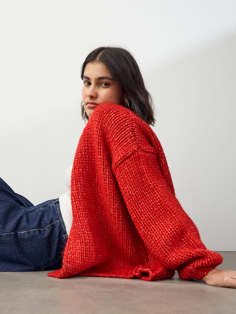 Red Soft Touch Chunky Knit Cardigan With Wool - Image 1 of 8