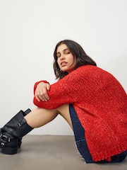 Red Soft Touch Chunky Knit Cardigan With Wool - Image 2 of 8
