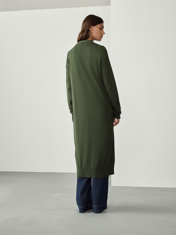 Green Khaki Soft Touch Cotton Rich Longline Cardigan - Image 2 of 7 Green Khaki Soft Touch Cotton Rich Longline Cardigan - Image 2 of 7