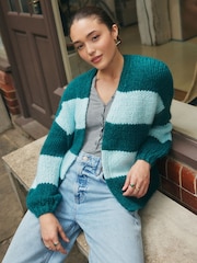 Blue/Teal Stripe Soft Touch Chunky Knit Cardigan With Wool - Image 1 of 7
