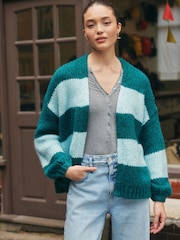 Blue/Teal Stripe Soft Touch Chunky Knit Cardigan With Wool - Image 2 of 7