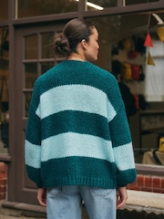 Blue/Teal Stripe Soft Touch Chunky Knit Cardigan With Wool - Image 3 of 7