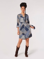 Apricot Blue Geo Patchwork Tie Shirt Dress - Image 1 of 4