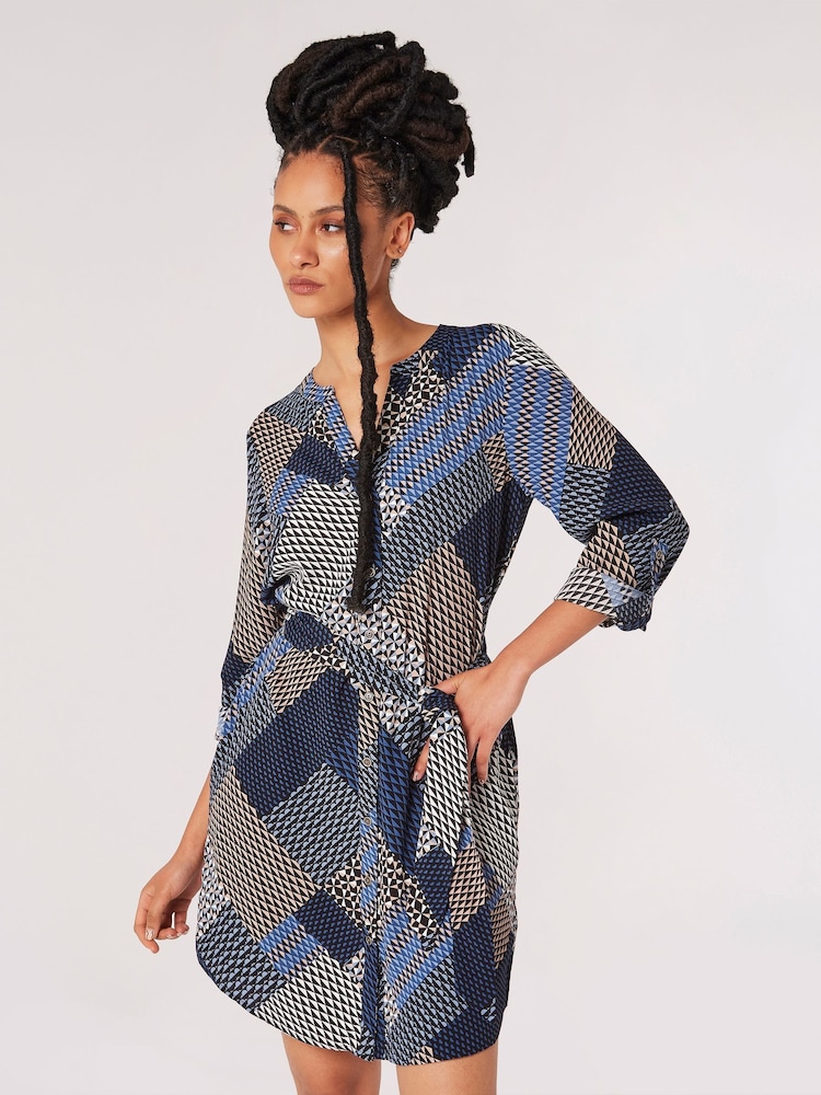 Apricot Blue Geo Patchwork Tie Shirt Dress - Image 2 of 4 Apricot Blue Geo Patchwork Tie Shirt Dress - Image 2 of 4