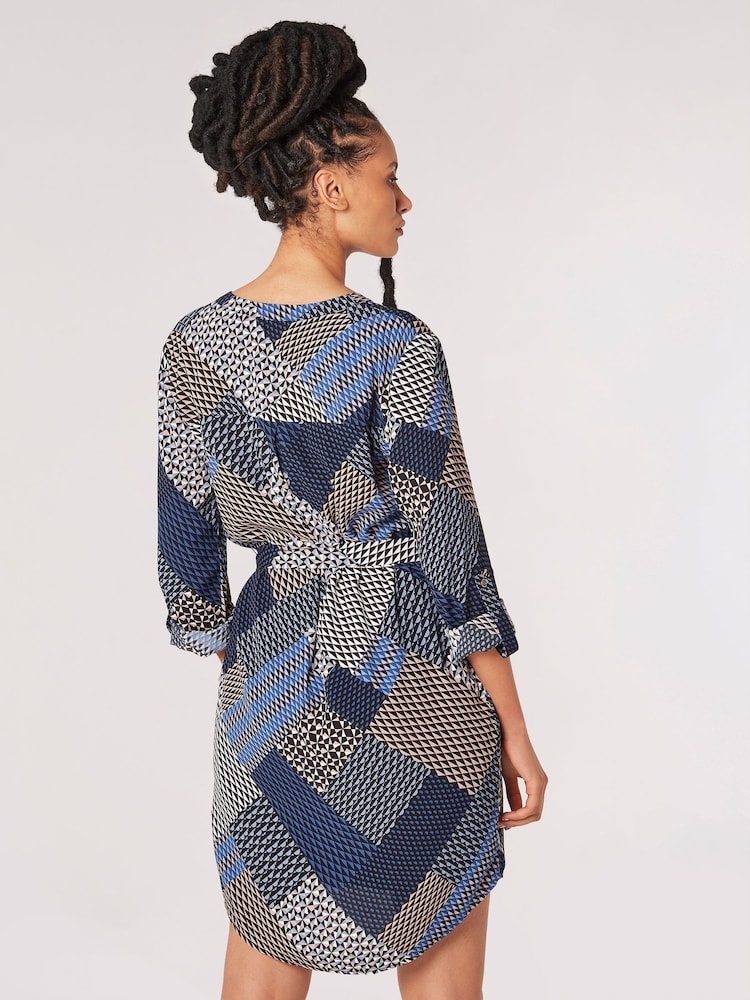 Apricot Blue Geo Patchwork Tie Shirt Dress - Image 4 of 4 Apricot Blue Geo Patchwork Tie Shirt Dress - Image 4 of 4