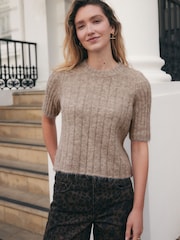 Neutral Mole Ribbed Crew Neck Knitted T-Shirt With Alpaca Wool - Image 1 of 6