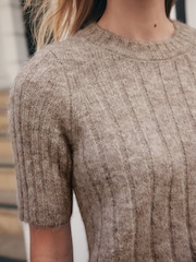 Neutral Mole Ribbed Crew Neck Knitted T-Shirt With Alpaca Wool - Image 5 of 8