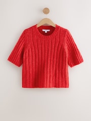 Bright Red Ribbed Crew Neck Knitted T-Shirt With Alpaca Wool - Image 10 of 16