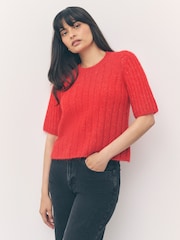 Bright Red Ribbed Crew Neck Knitted T-Shirt With Alpaca Wool - Image 13 of 16
