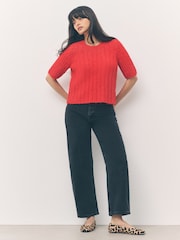 Bright Red Ribbed Crew Neck Knitted T-Shirt With Alpaca Wool - Image 14 of 16