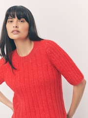 Bright Red Ribbed Crew Neck Knitted T-Shirt With Alpaca Wool - Image 15 of 16