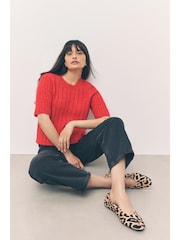 Bright Red Ribbed Crew Neck Knitted T-Shirt With Alpaca Wool - Image 1 of 16