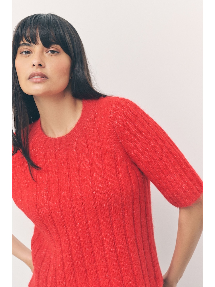 Bright Red Ribbed Crew Neck Knitted T-Shirt With Alpaca Wool - Image 2 of 16