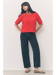 Bright Red Ribbed Crew Neck Knitted T-Shirt With Alpaca Wool - Image 3 of 16