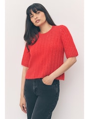 Bright Red Ribbed Crew Neck Knitted T-Shirt With Alpaca Wool - Image 4 of 16