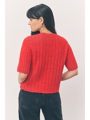Bright Red Ribbed Crew Neck Knitted T-Shirt With Alpaca Wool - Image 5 of 16