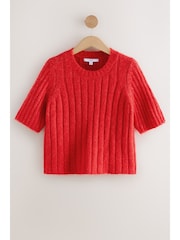 Bright Red Ribbed Crew Neck Knitted T-Shirt With Alpaca Wool - Image 7 of 16